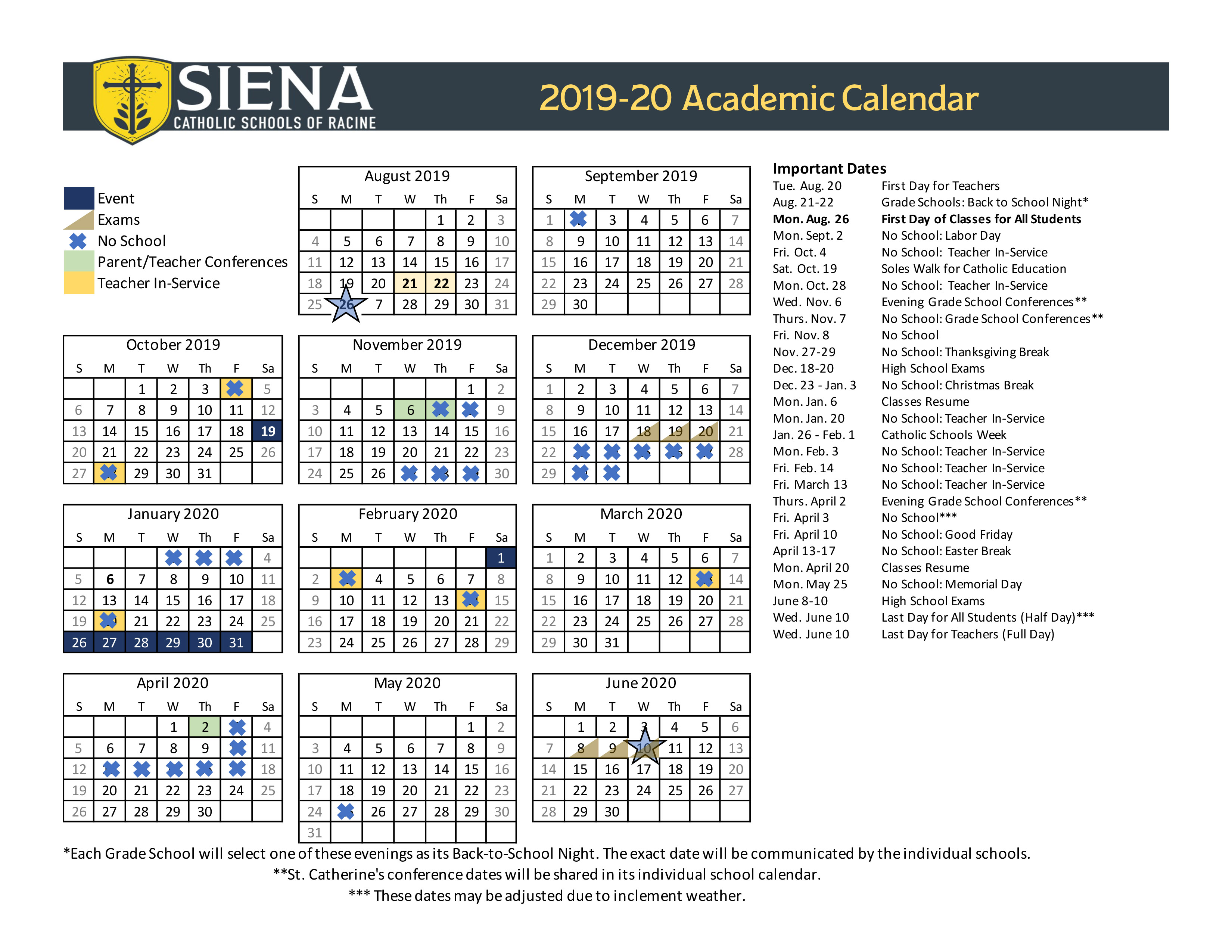 Academic Calendar Siena Catholic Schools