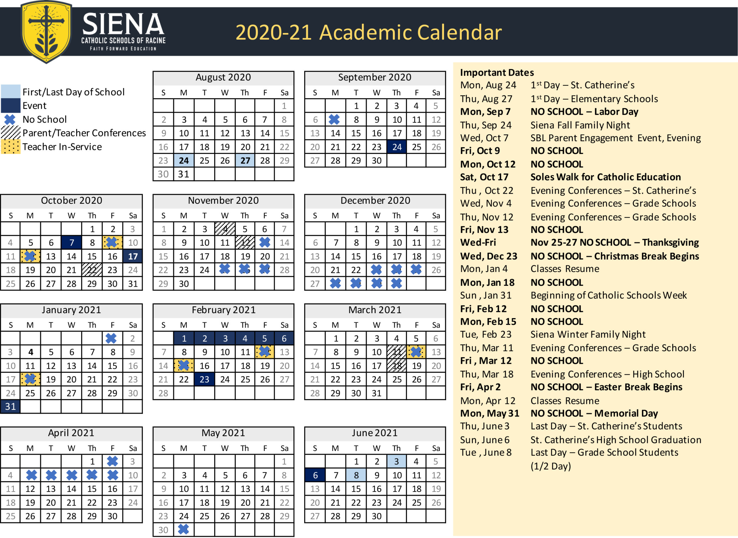 oakton community college academic calendar spring 2021 Academic Calendar Siena Catholic Schools oakton community college academic calendar spring 2021