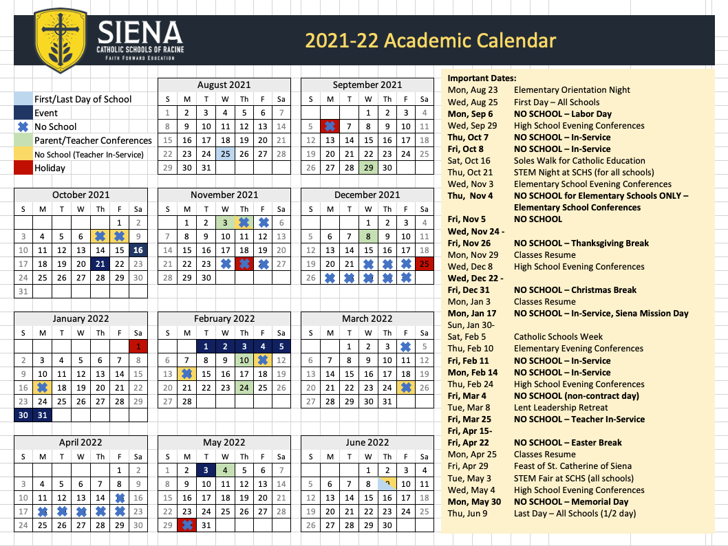 Academic Calendar Siena Catholic Schools