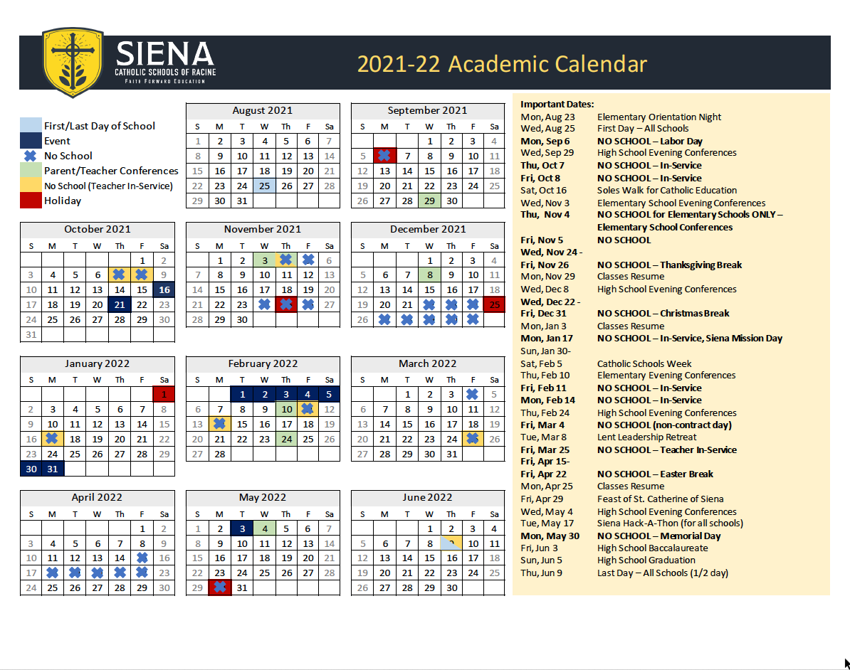 Marquette University Academic Calendar 2022 2023 Academic Calendar - Siena Catholic Schools