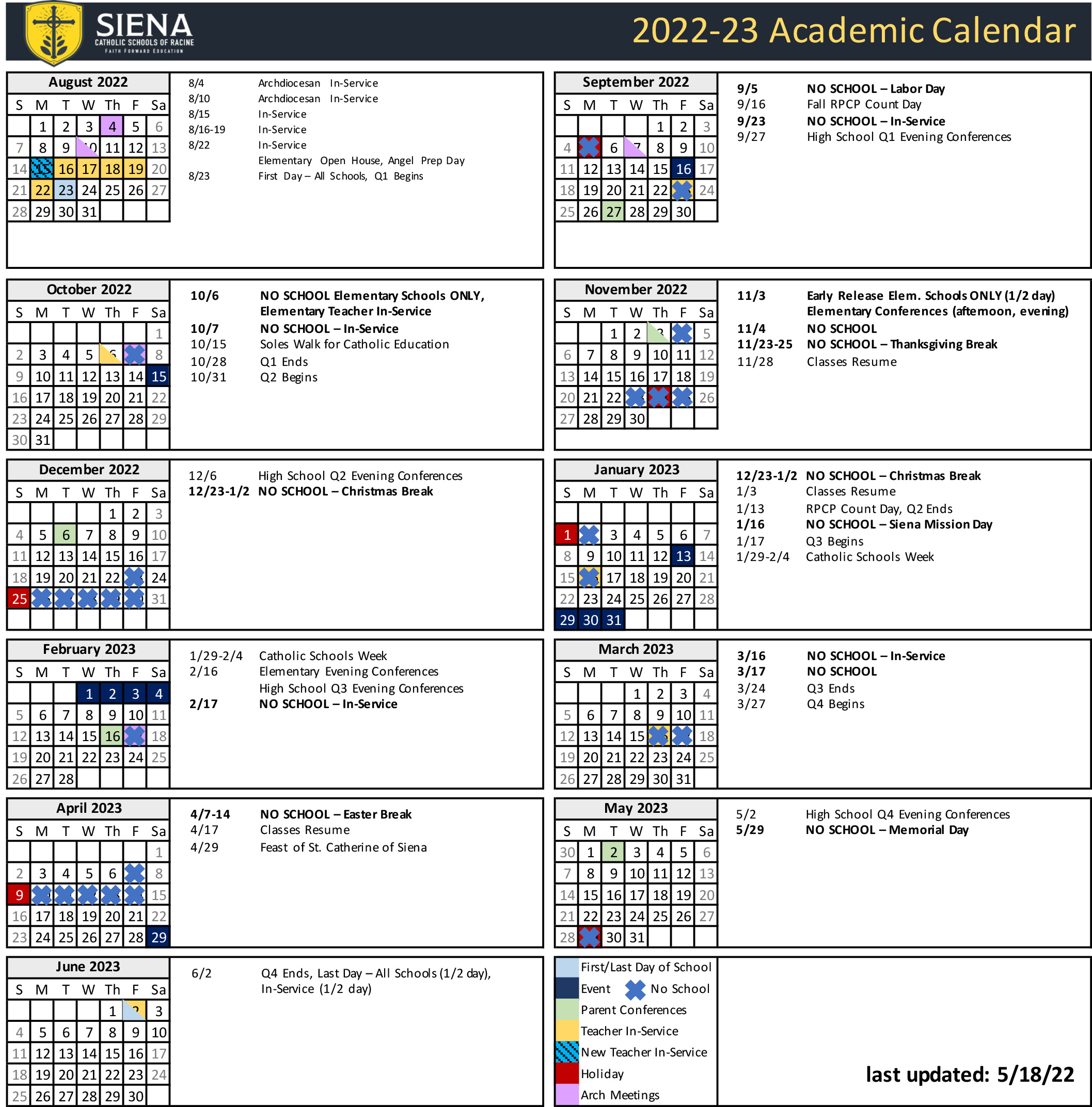 Academic Calendar - Siena Catholic Schools