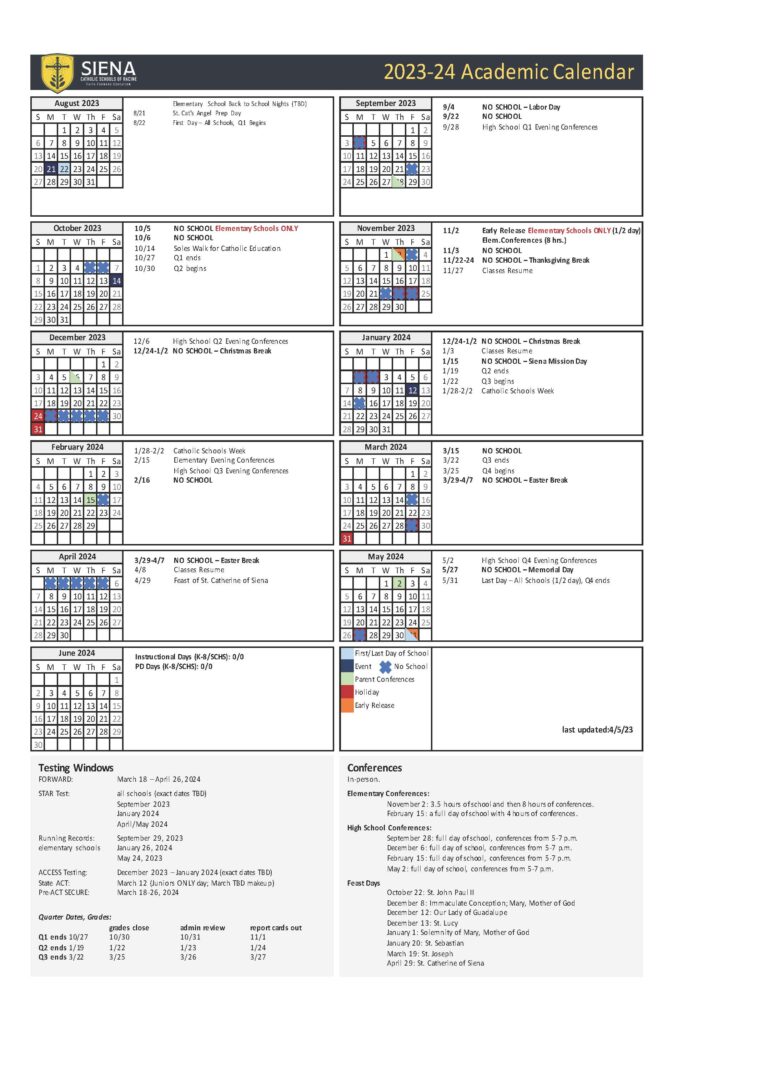 Academic Calendar - Siena Catholic Schools