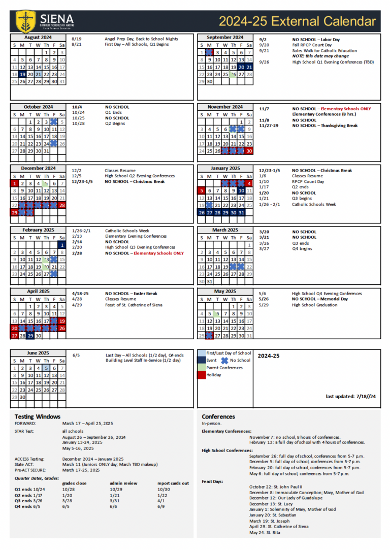 Academic Calendar Siena Catholic Schools