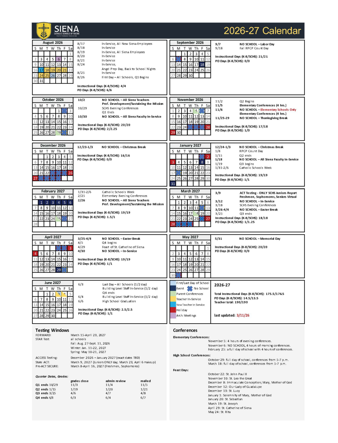 Academic Calendar - Siena Catholic Schools